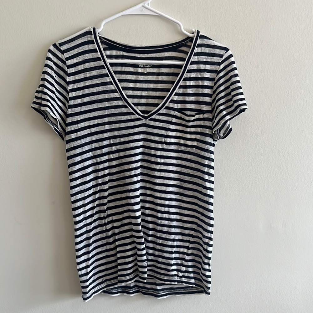J. Crew Navy/White Striped Linen V-Neck Tee Size M
